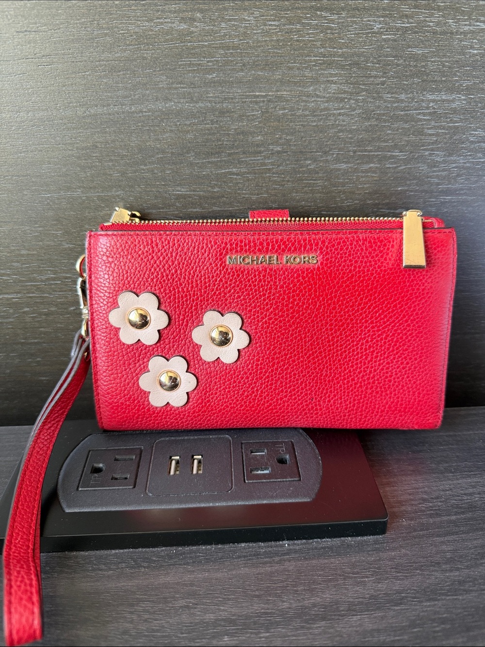 Michael Kors Red Pebbled Leather Floral Wristlet with Gold Accents